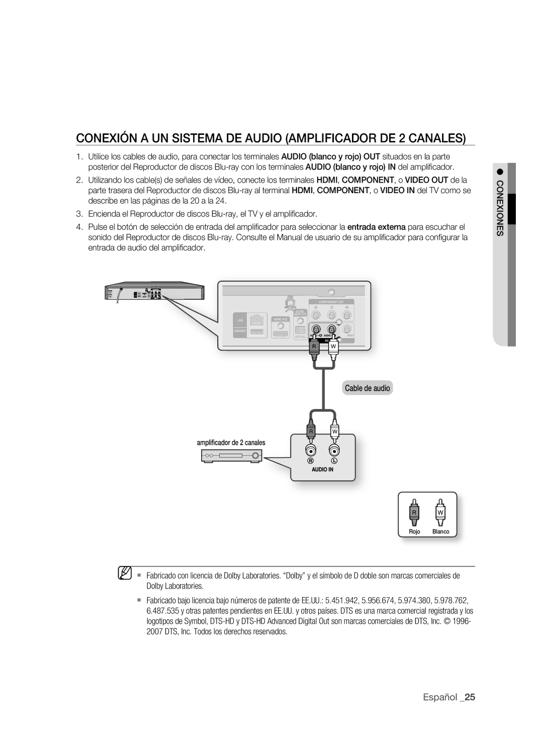 Samsung BD-P1500/XEC, BD-P1500/EDC manual Conexión a UN Sistema DE Audio Amplificador DE 2 Canales 