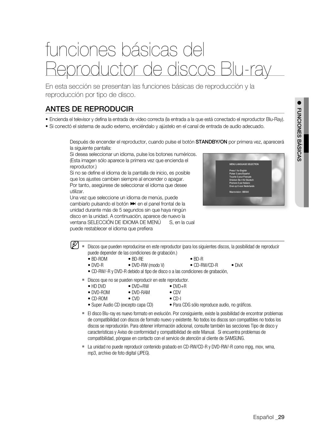 Samsung BD-P1500/XEC Antes DE Reproducir, Cd-Rw/Cd-R, Hd Dvd Dvd+Rw Dvd-Rom Dvd-Ram Cdv Cd-Rom Cvd, Funciones Básicas 