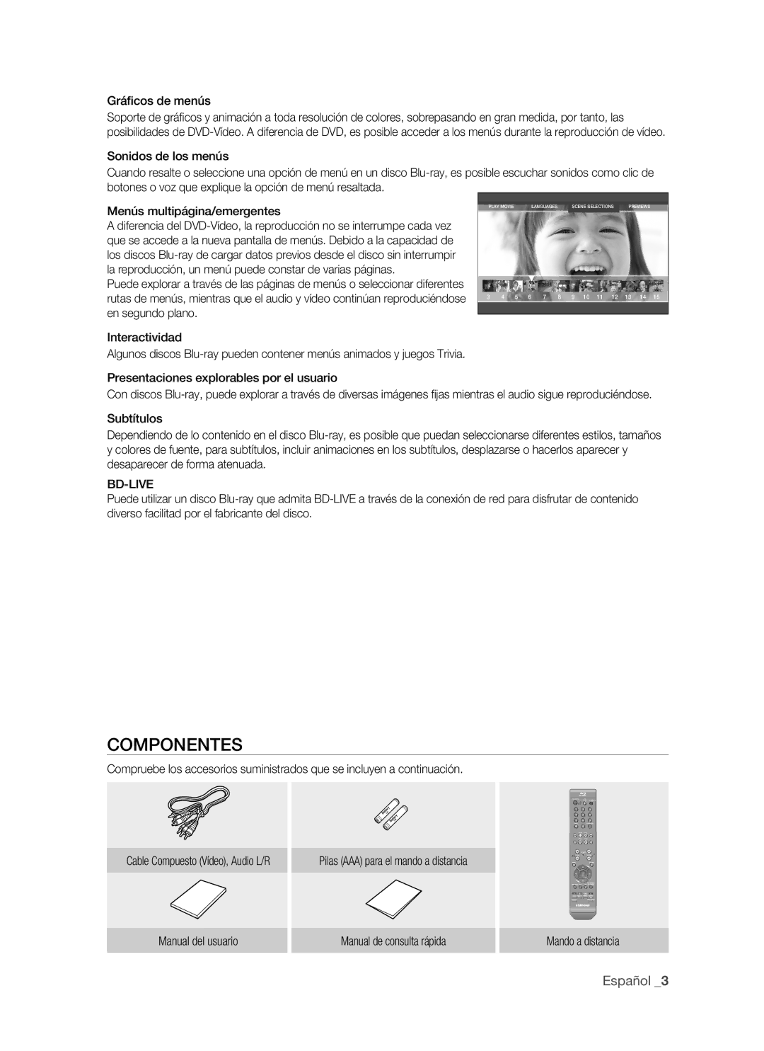 Samsung BD-P1500/XEC, BD-P1500/EDC manual Componentes, Gráﬁcos de menús, Menús multipágina/emergentes, Bd-Live 