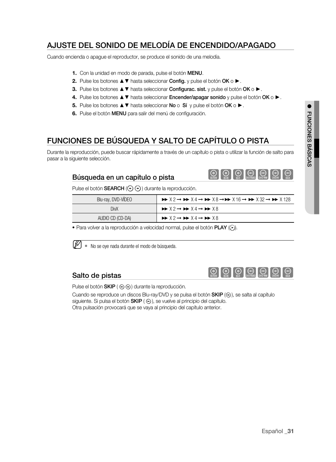 Samsung BD-P1500/XEC Ajuste DEL Sonido DE Melodía DE ENCENDIDO/APAGADO, Funciones DE Búsqueda Y Salto DE Capítulo O Pista 