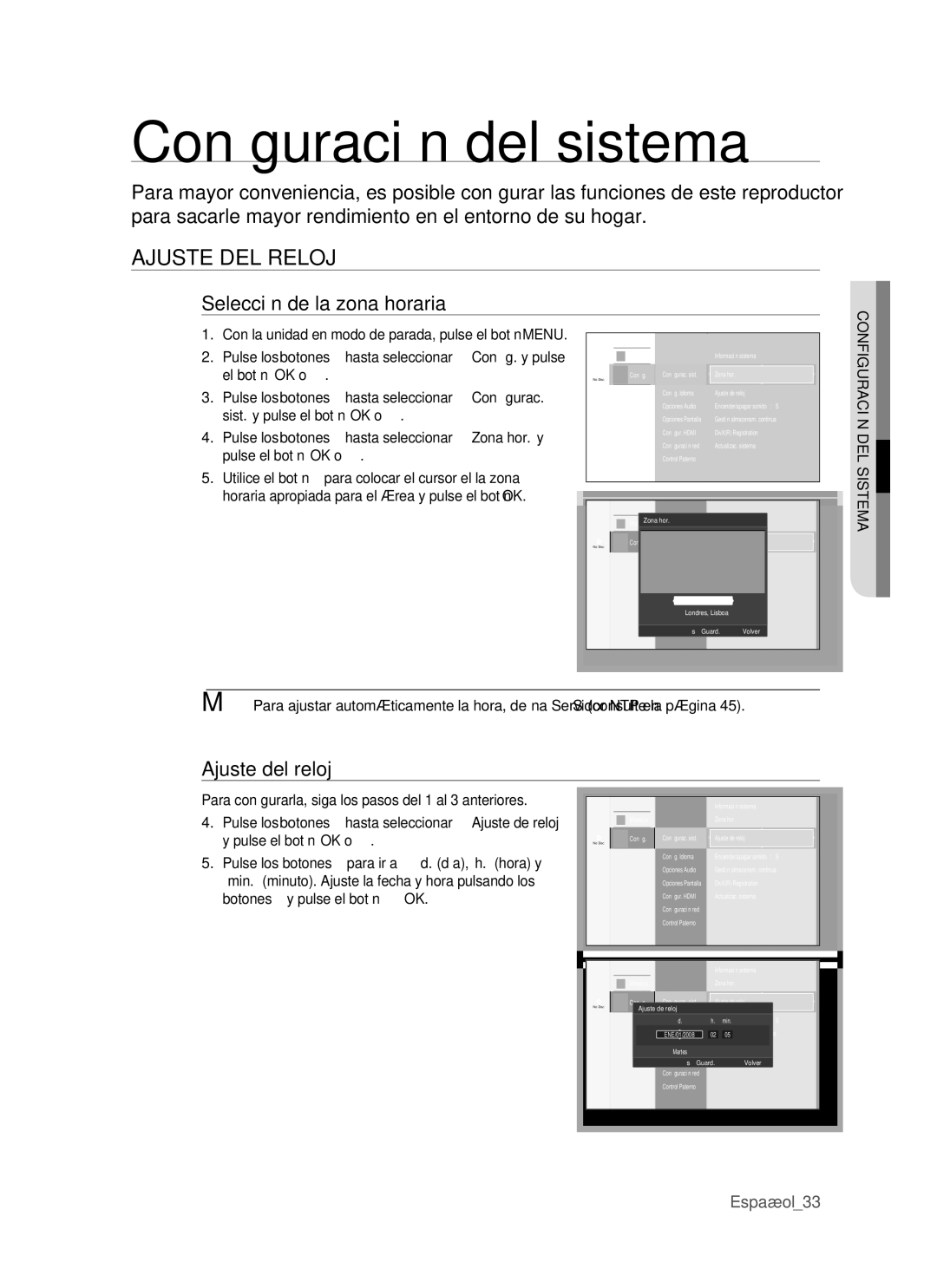 Samsung BD-P1500/XEC manual Conﬁ guración del sistema, Ajuste DEL Reloj, Selección de la zona horaria, Ajuste del reloj 