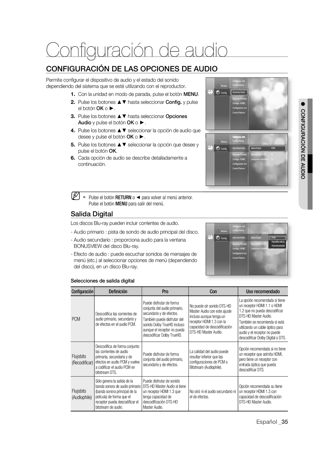 Samsung BD-P1500/XEC, BD-P1500/EDC manual Conﬁ guración de audio, Configuración DE LAS Opciones DE Audio, Salida Digital 