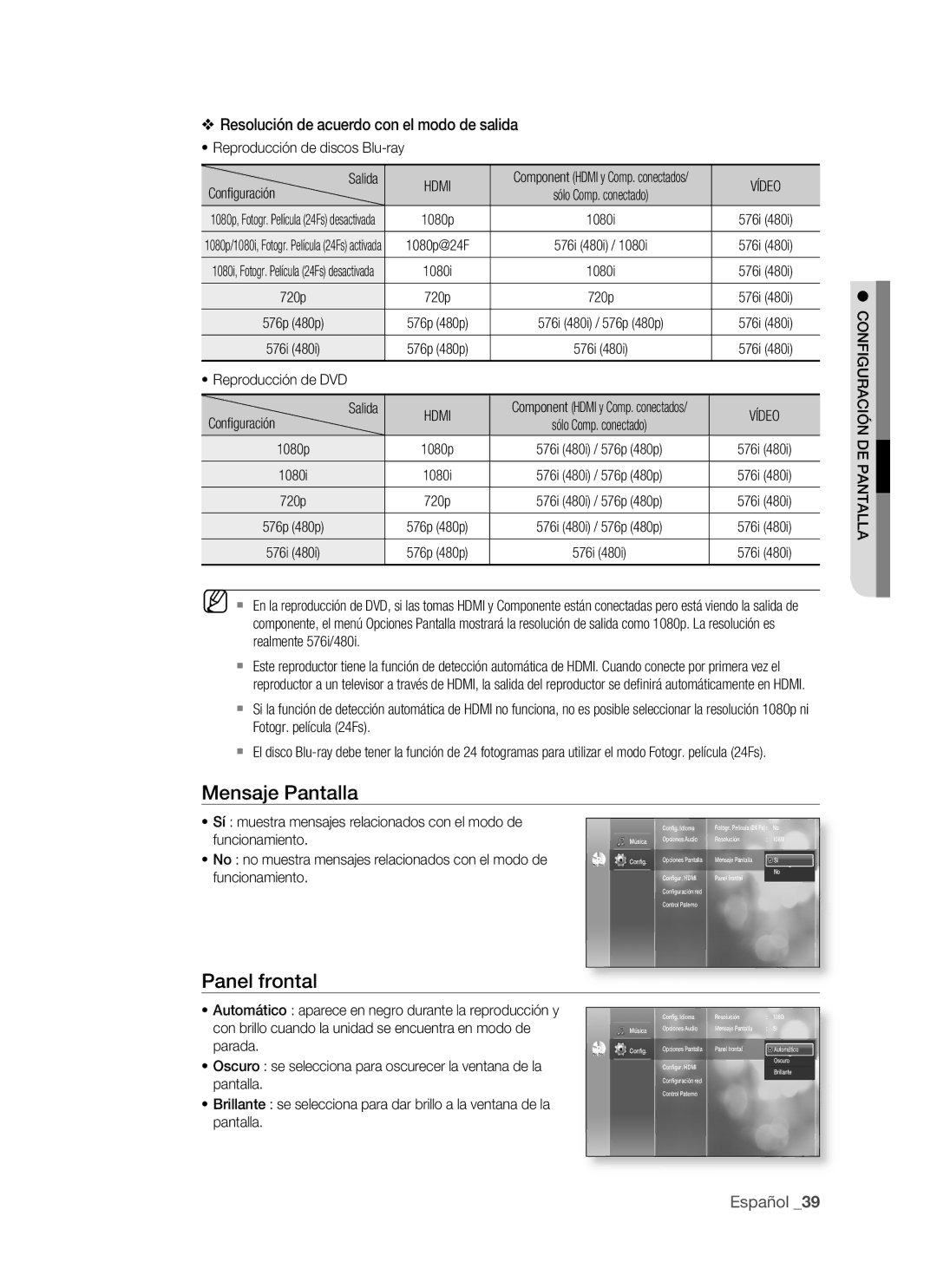 Samsung BD-P1500/XEC, BD-P1500/EDC manual Mensaje Pantalla, Panel frontal, Vídeo 