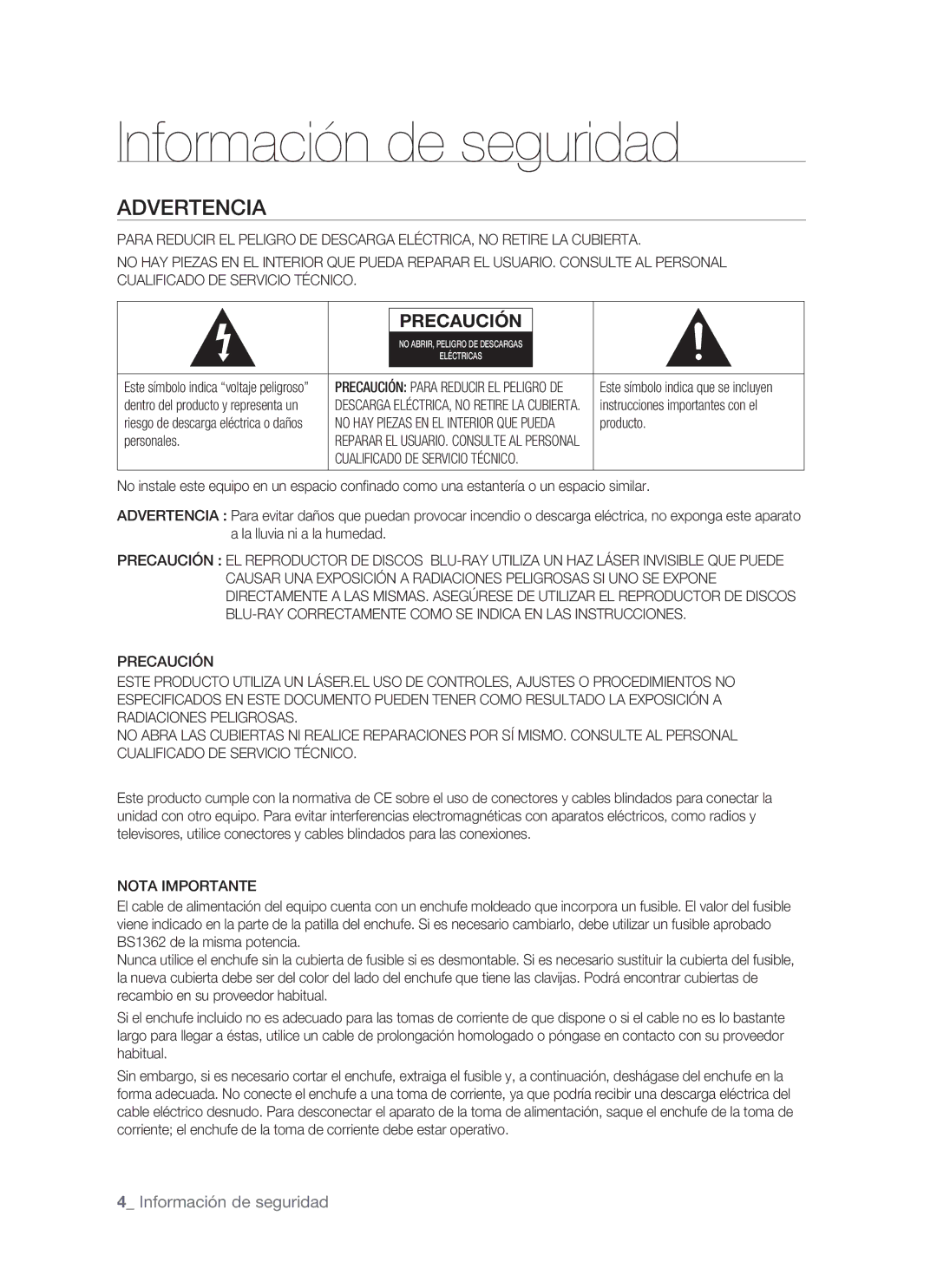 Samsung BD-P1500/EDC, BD-P1500/XEC manual Información de seguridad, Advertencia, Producto, Personales, Nota Importante 