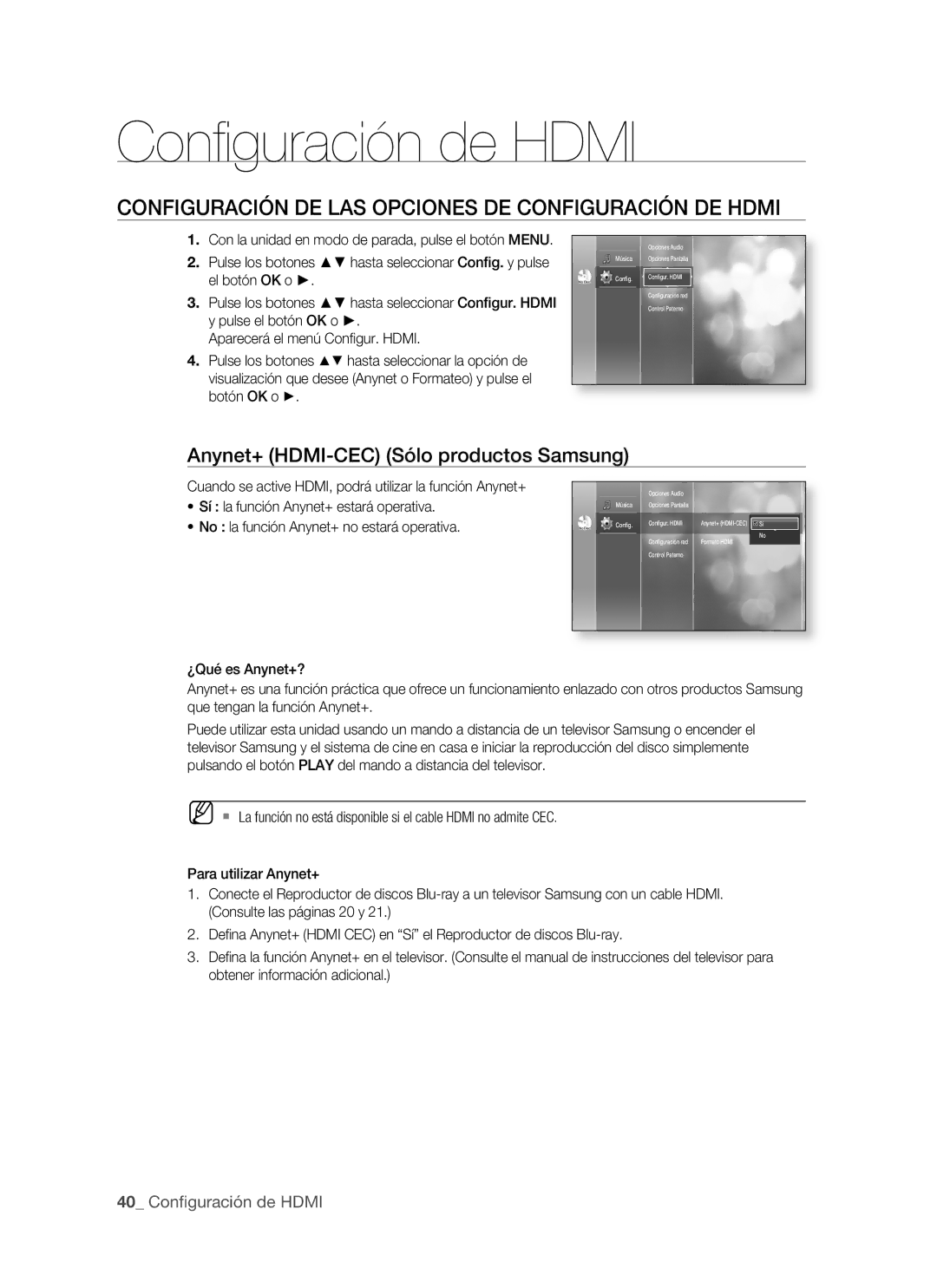 Samsung BD-P1500/EDC, BD-P1500/XEC manual Conﬁ guración de Hdmi, Configuración DE LAS Opciones DE Configuración DE Hdmi 