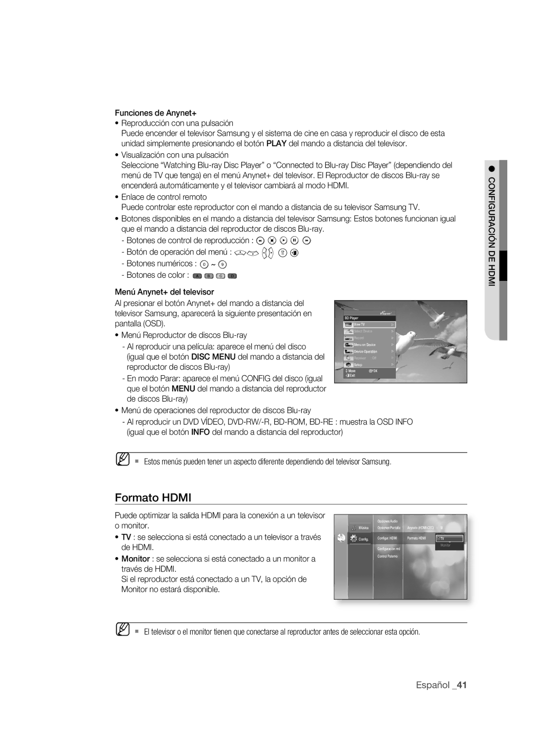 Samsung BD-P1500/XEC manual Formato Hdmi, DE Hdmi, De Hdmi, Monitor se selecciona si está conectado a un monitor a 