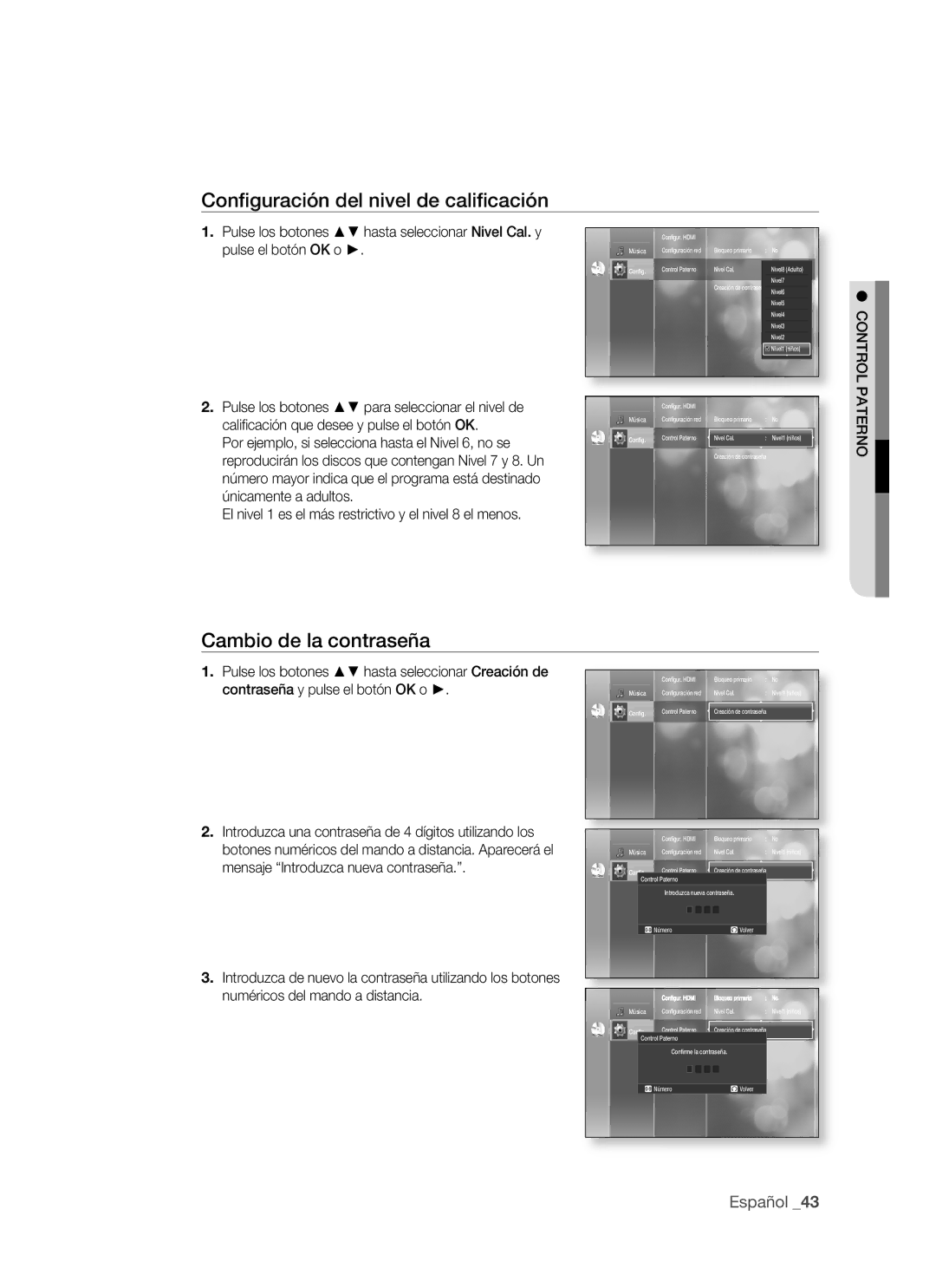 Samsung BD-P1500/XEC, BD-P1500/EDC manual Conﬁguración del nivel de caliﬁcación, Cambio de la contraseña, Control, Paterno 