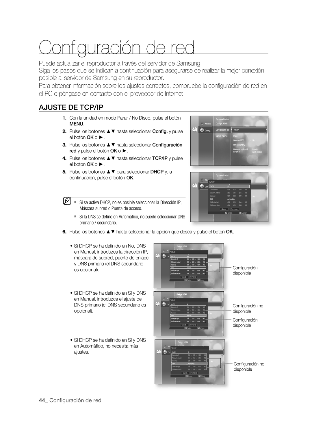 Samsung BD-P1500/EDC manual Ajuste DE TCP/IP, Si Dhcp se ha deﬁnido en No, DNS, DNS primaria el DNS secundario, Es opcional 