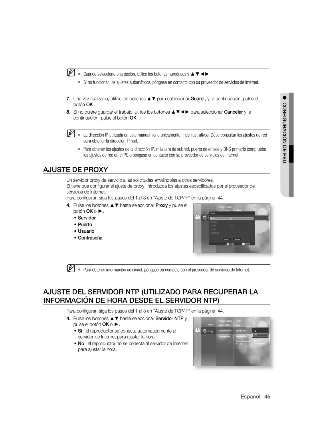 Samsung BD-P1500/XEC, BD-P1500/EDC manual Ajuste DE Proxy, Configuración DE RED 