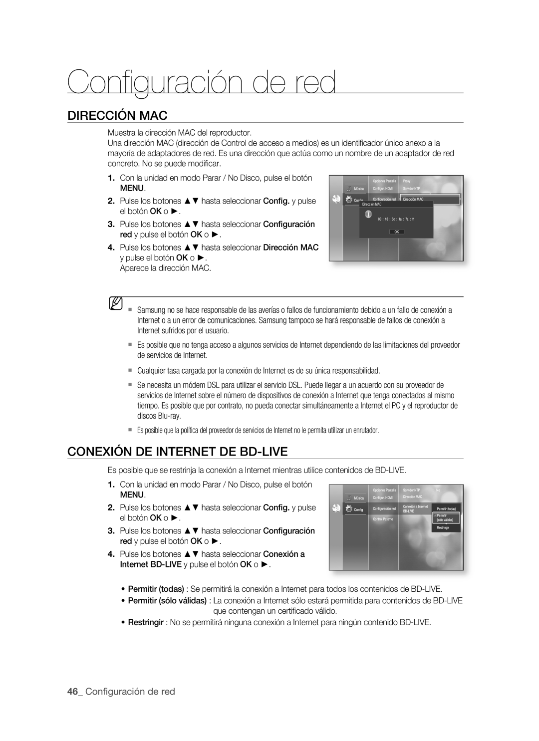 Samsung BD-P1500/EDC manual Conﬁ guración de red, Dirección MAC, Conexión DE Internet DE BD-LIVE, Red y pulse el botón OK o 