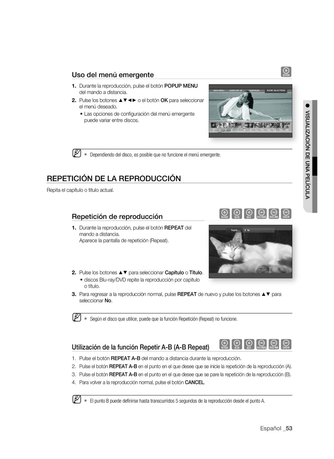 Samsung BD-P1500/XEC, BD-P1500/EDC Repetición DE LA Reproducción, Uso del menú emergente, Visualización DE UNA Película 