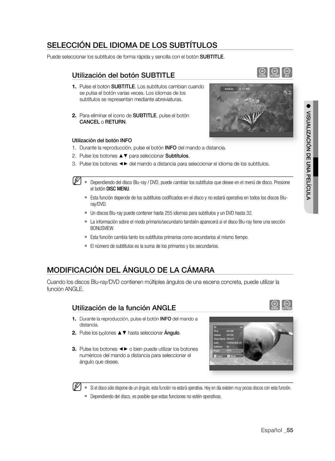 Samsung BD-P1500/XEC, BD-P1500/EDC manual Selección DEL Idioma DE LOS Subtítulos, Modificación DEL Ángulo DE LA Cámara 