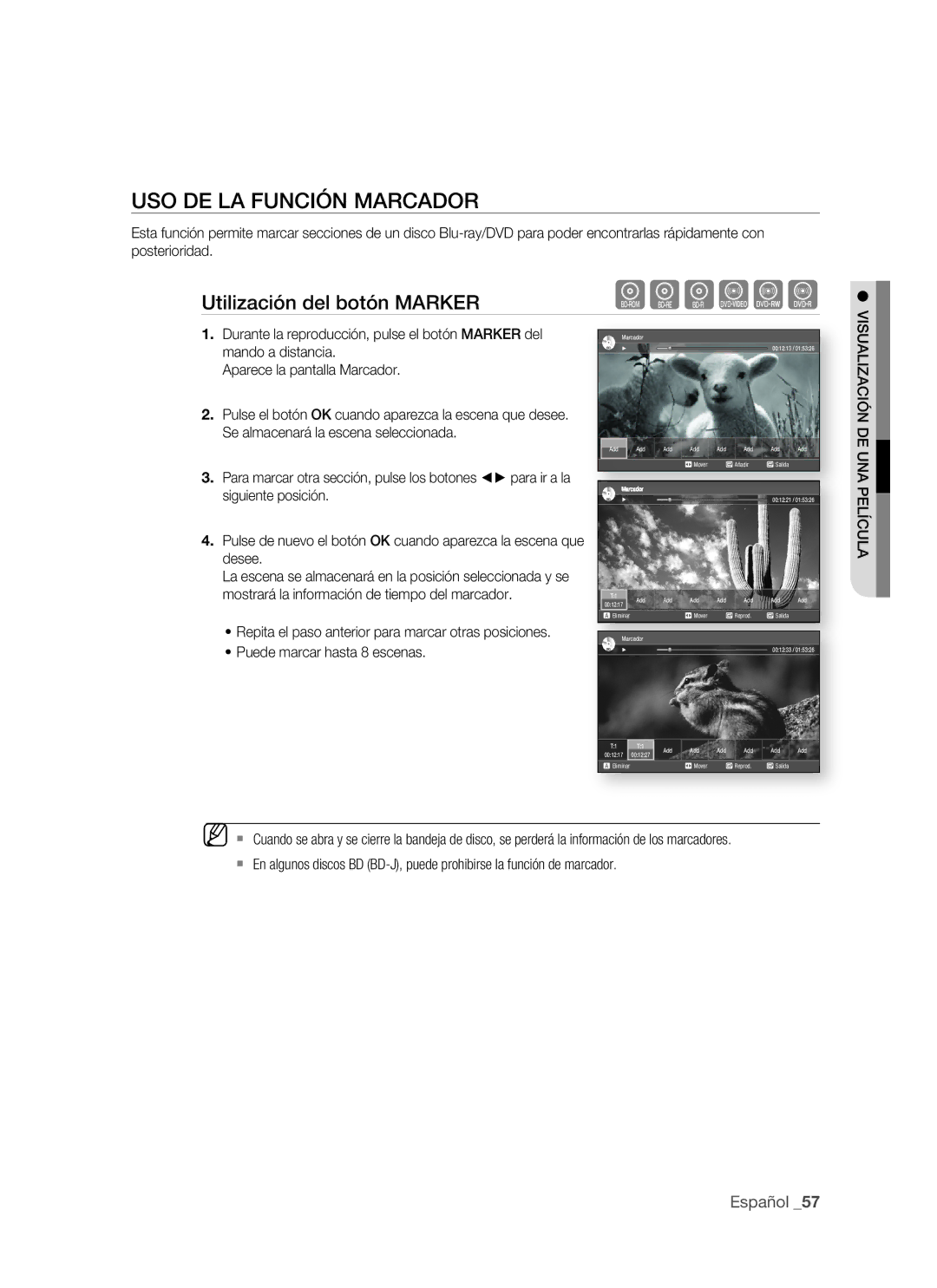 Samsung BD-P1500/XEC, BD-P1500/EDC USO DE LA Función Marcador, Utilización del botón Marker, Puede marcar hasta 8 escenas 