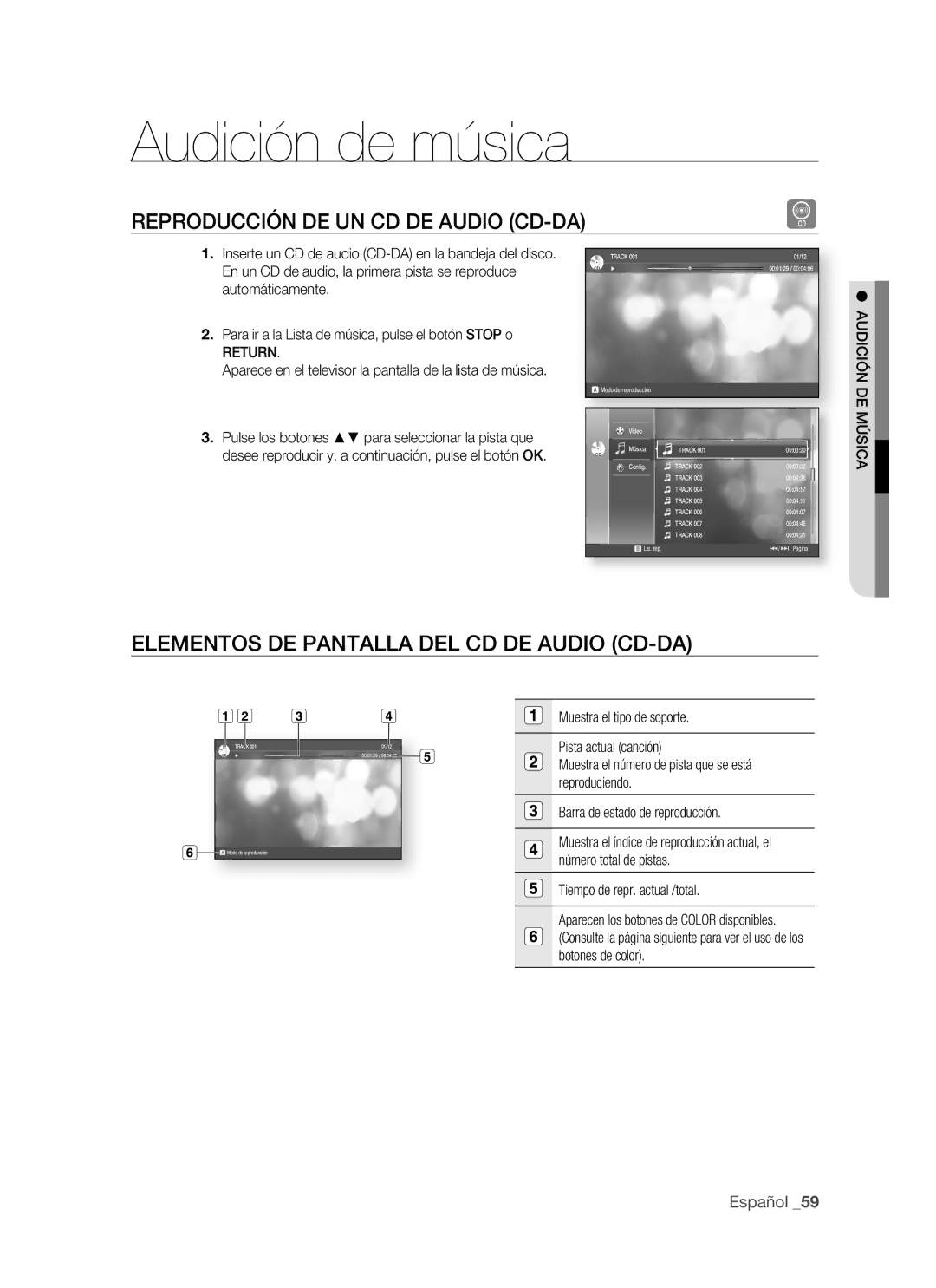 Samsung BD-P1500/XEC Audición de música, Reproducción DE UN CD DE Audio CD-DA, Elementos DE Pantalla DEL CD DE Audio CD-DA 