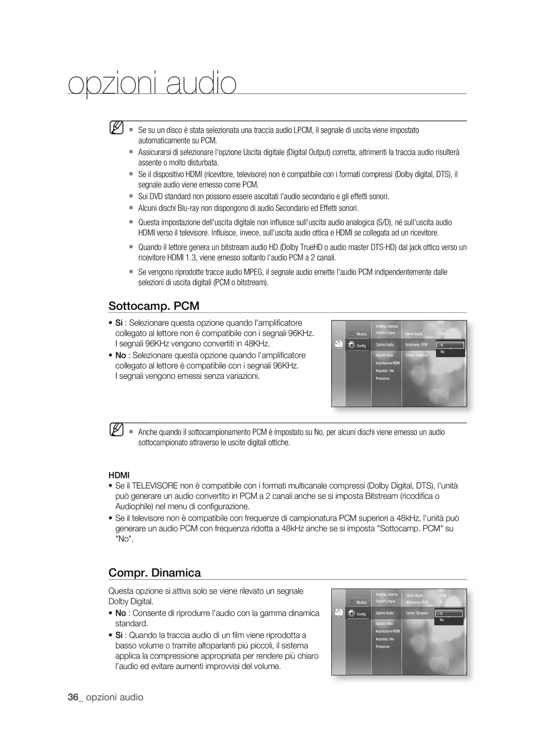 Samsung BD-P1500/EDC, BD-P1500/XEF manual Sottocamp. PCM, Compr. Dinamica, Opzioni audio 