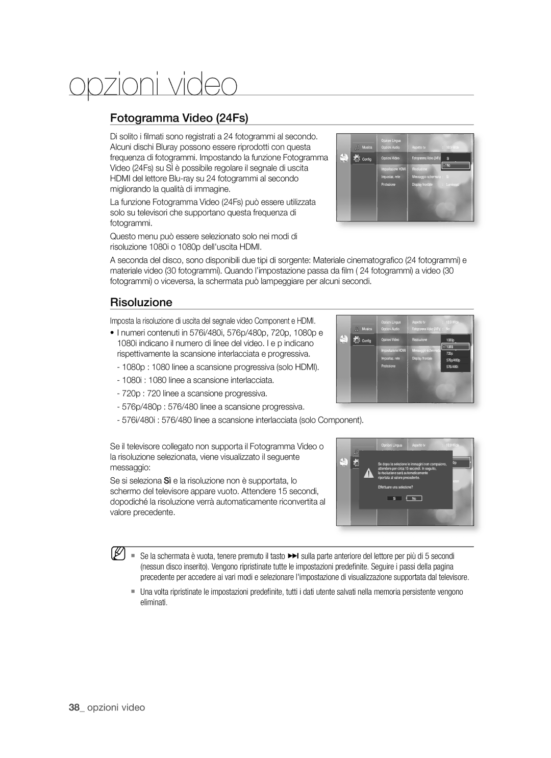 Samsung BD-P1500/EDC, BD-P1500/XEF manual Risoluzione, Opzioni video 