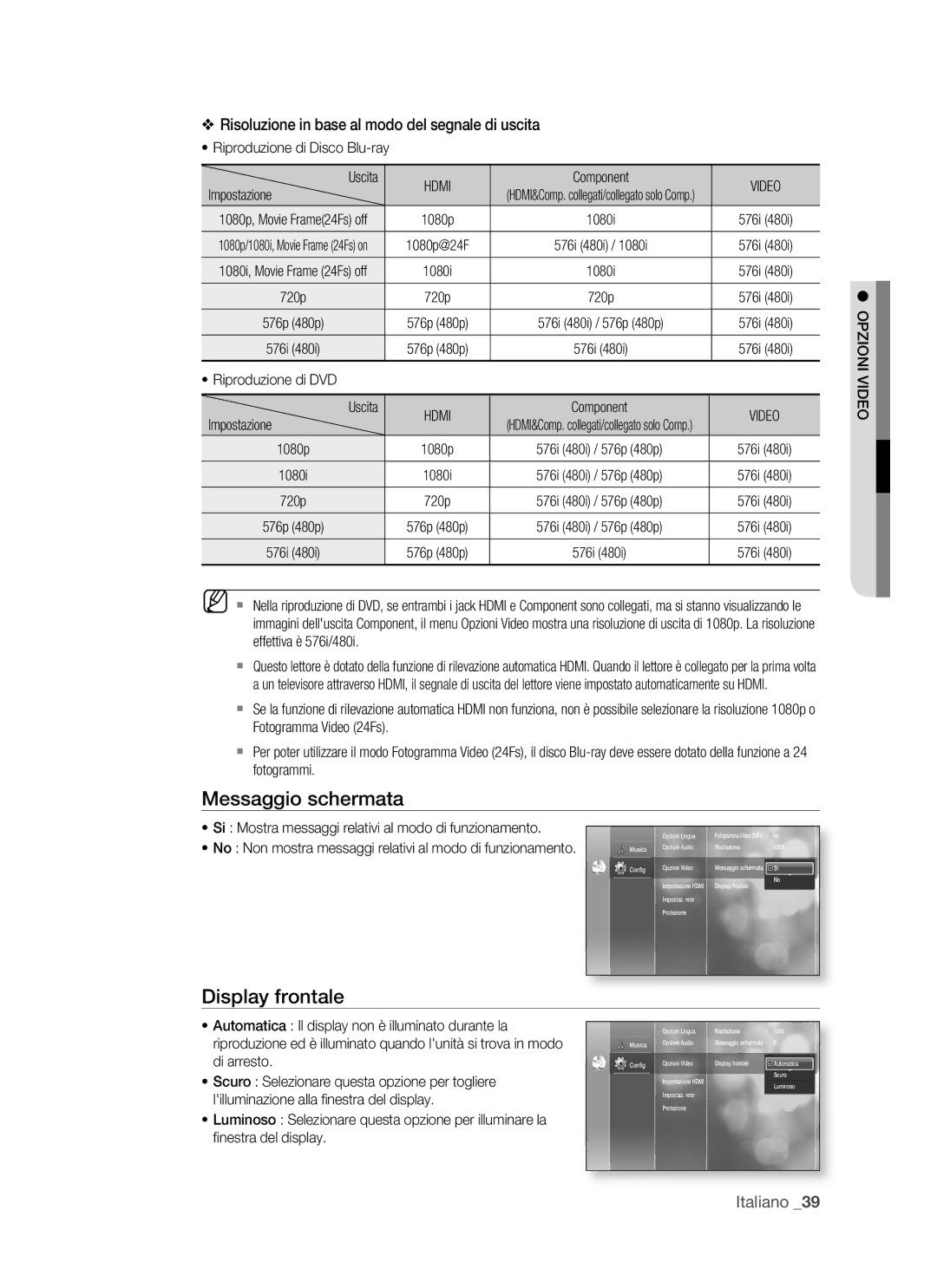 Samsung BD-P1500/XEF, BD-P1500/EDC manual Messaggio schermata, Display frontale, Opzioni Video 