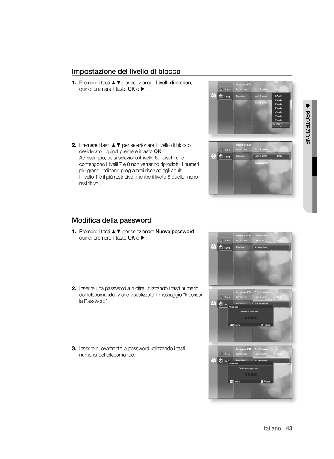 Samsung BD-P1500/XEF, BD-P1500/EDC manual Impostazione del livello di blocco, Modiﬁca della password, Protezione 