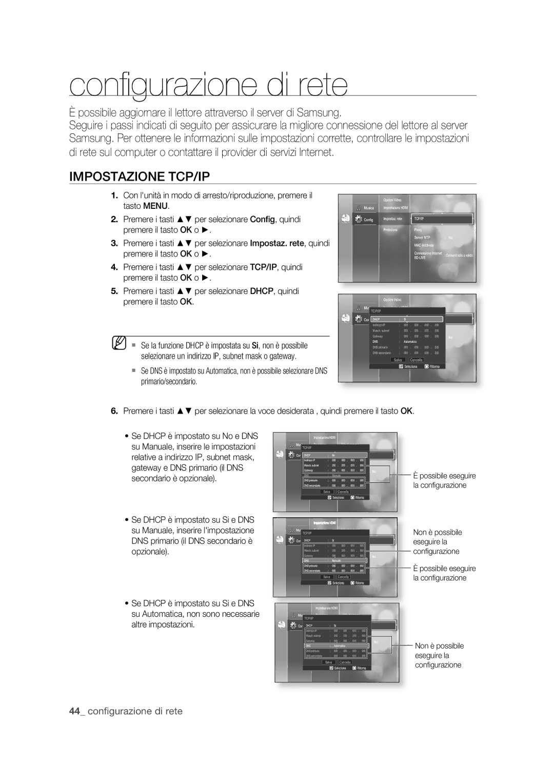 Samsung BD-P1500/EDC, BD-P1500/XEF manual Impostazione TCP/IP, 44 conﬁgurazione di rete 