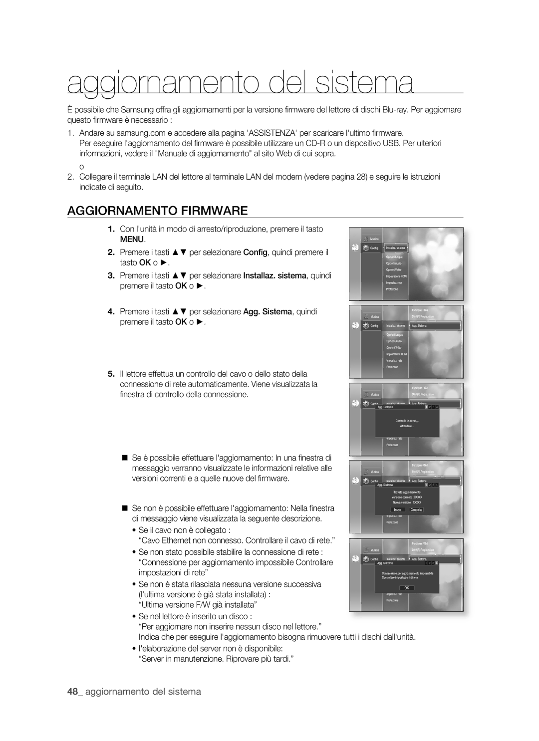 Samsung BD-P1500/EDC, BD-P1500/XEF manual Aggiornamento del sistema, Aggiornamento Firmware, Se il cavo non è collegato 