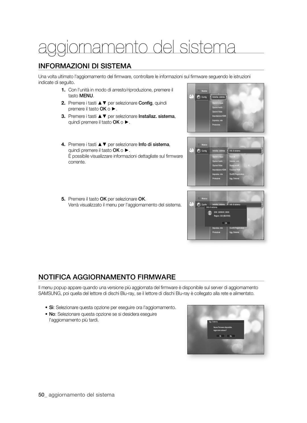 Samsung BD-P1500/EDC Informazioni DI Sistema, Notifica Aggiornamento Firmware, Premere il tasto OK per selezionare OK 