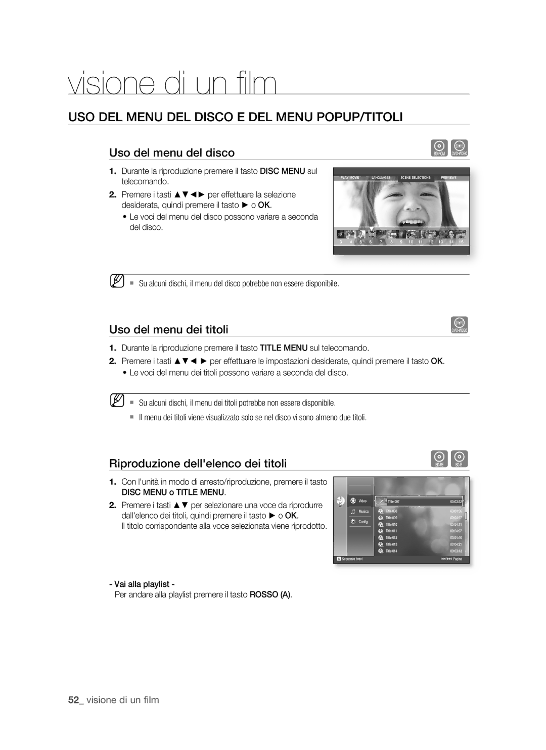 Samsung BD-P1500/EDC manual USO DEL Menu DEL Disco E DEL Menu POPUP/TITOLI, Uso del menu del disco, Uso del menu dei titoli 