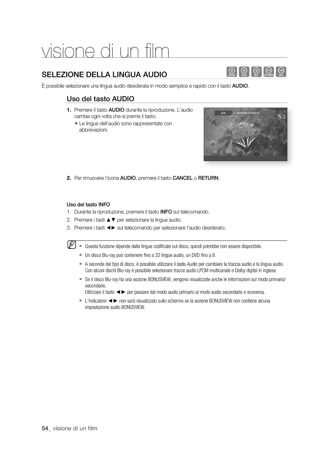 Samsung BD-P1500/EDC, BD-P1500/XEF manual Selezione Della Lingua Audio, Uso del tasto Audio 