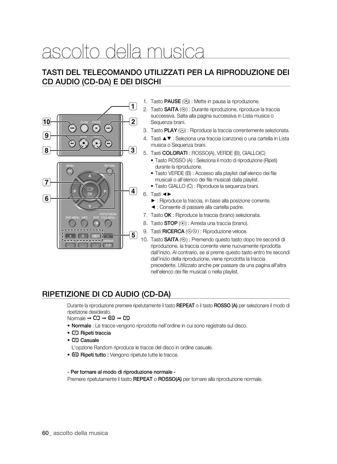 Samsung BD-P1500/EDC, BD-P1500/XEF manual Ripetizione DI CD Audio CD-DA, Ascolto della musica 