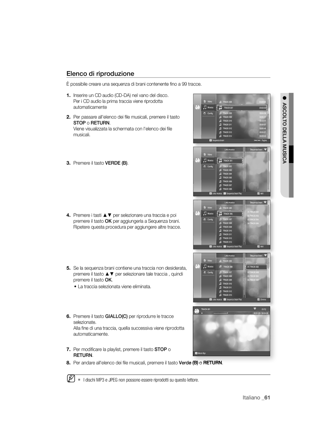 Samsung BD-P1500/XEF, BD-P1500/EDC manual Elenco di riproduzione, Per modiﬁcare la playlist, premere il tasto Stop o 