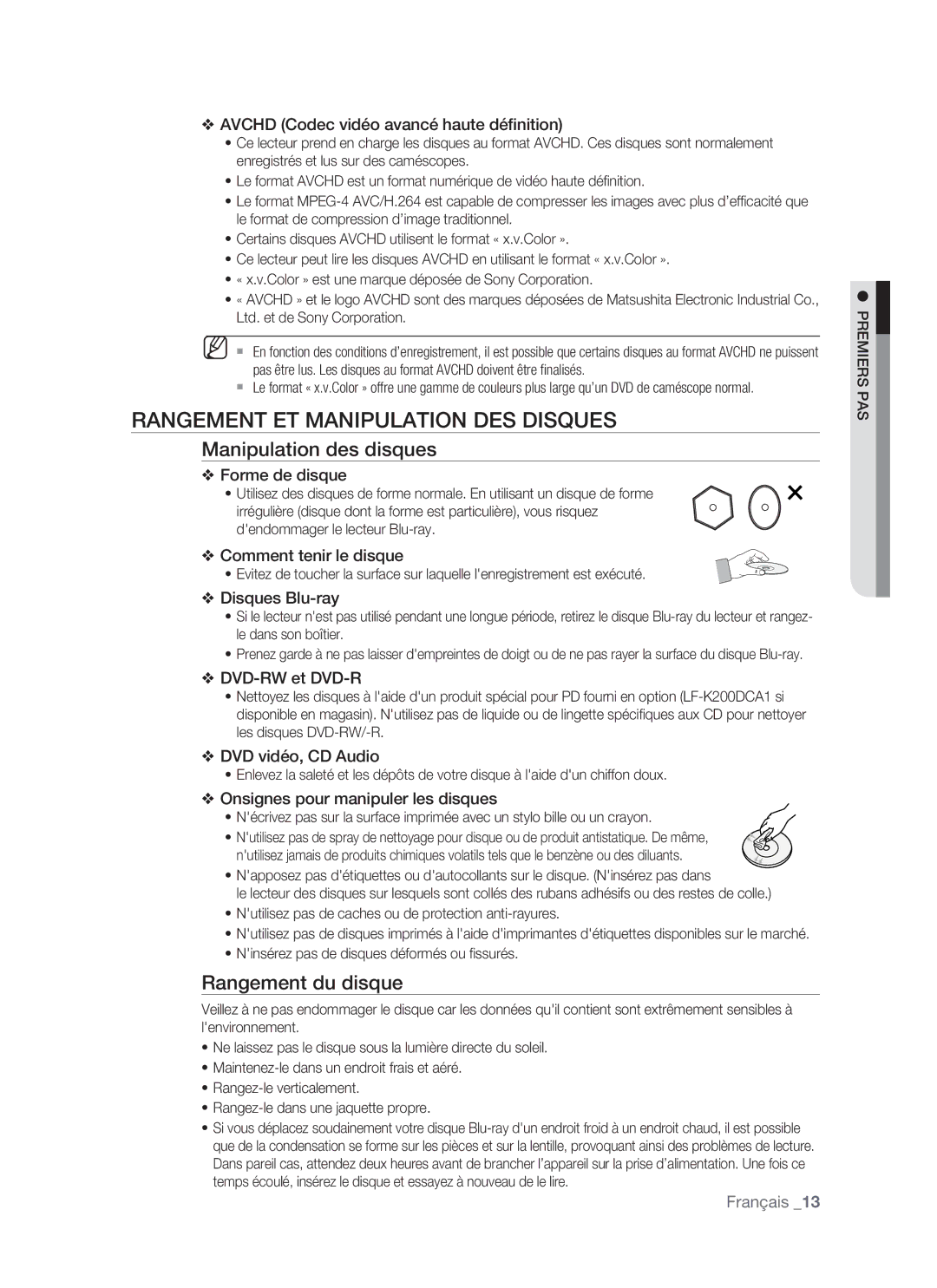 Samsung BD-P1500/XEF, BD-P1500/EDC Rangement ET Manipulation DES Disques, Manipulation des disques, Rangement du disque 