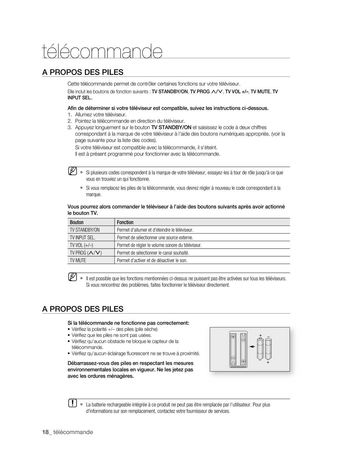 Samsung BD-P1500/EDC, BD-P1500/XEF manual Propos DES Piles, 18 télécommande, Tv Standby/On, TV Input SEL, TV Mute 