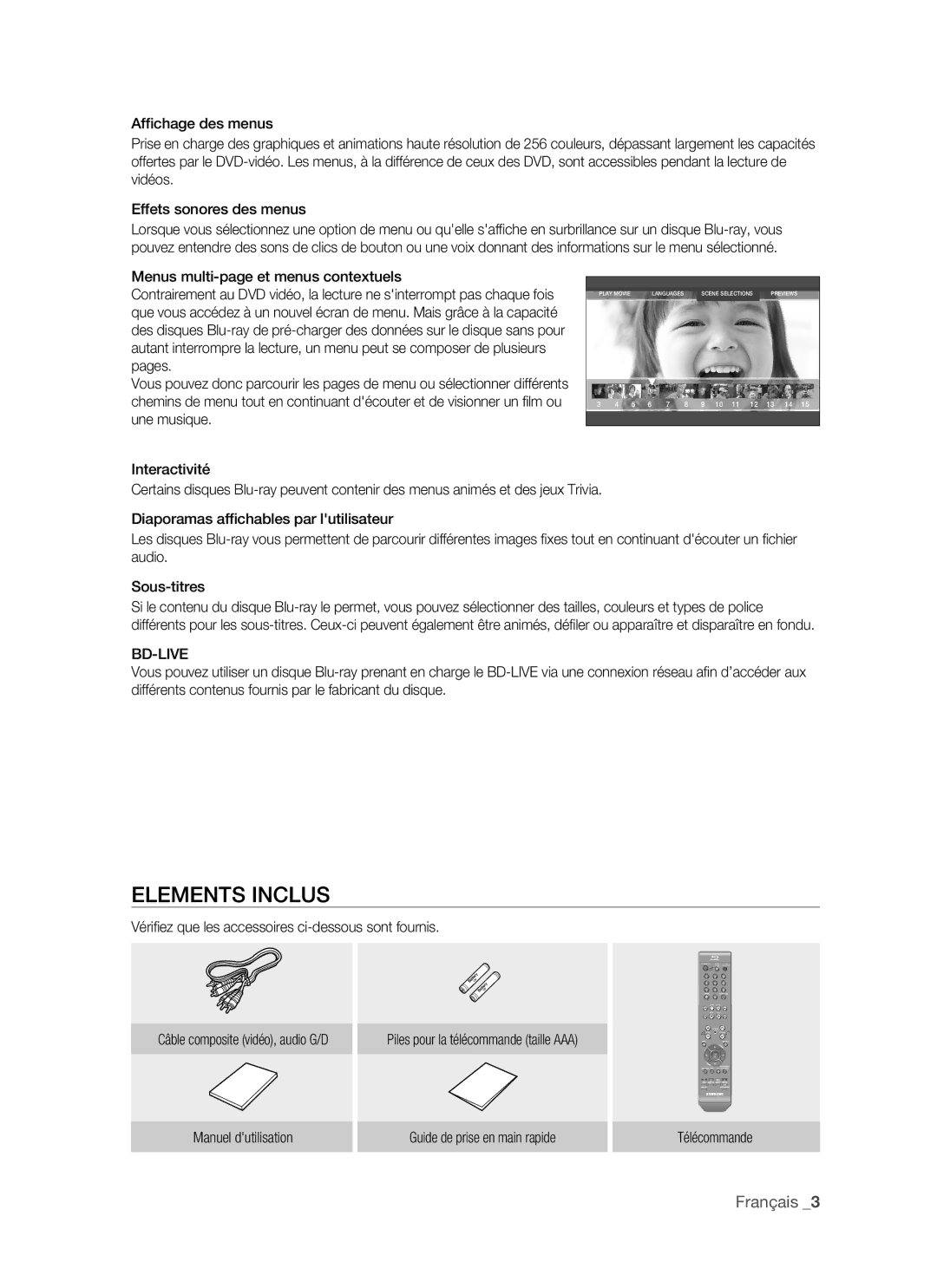 Samsung BD-P1500/XEF, BD-P1500/EDC manual Elements Inclus, Menus multi-page et menus contextuels, Pages, Bd-Live 