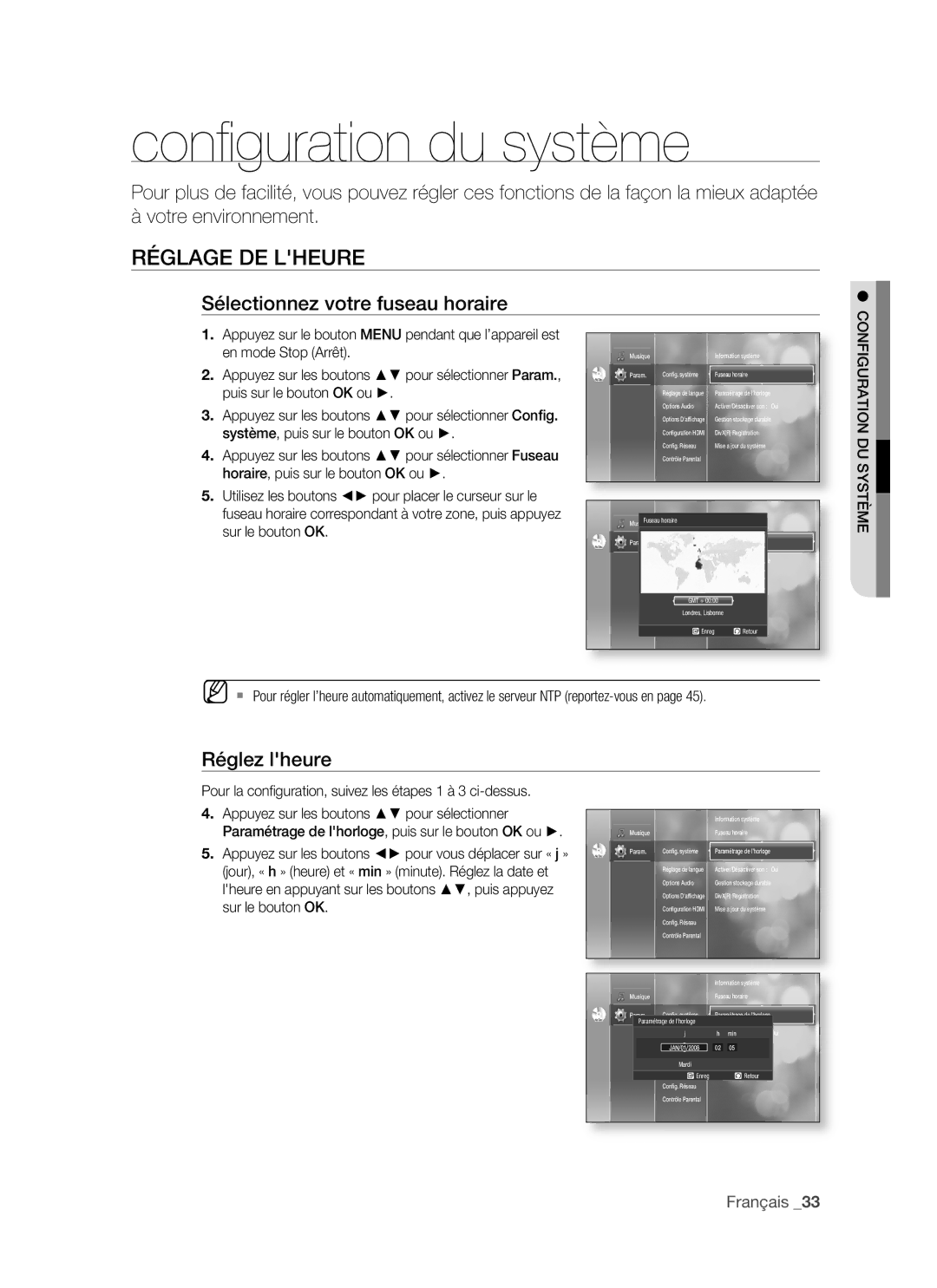 Samsung BD-P1500/XEF manual Conﬁ guration du système, Réglage DE Lheure, Sélectionnez votre fuseau horaire, Réglez lheure 