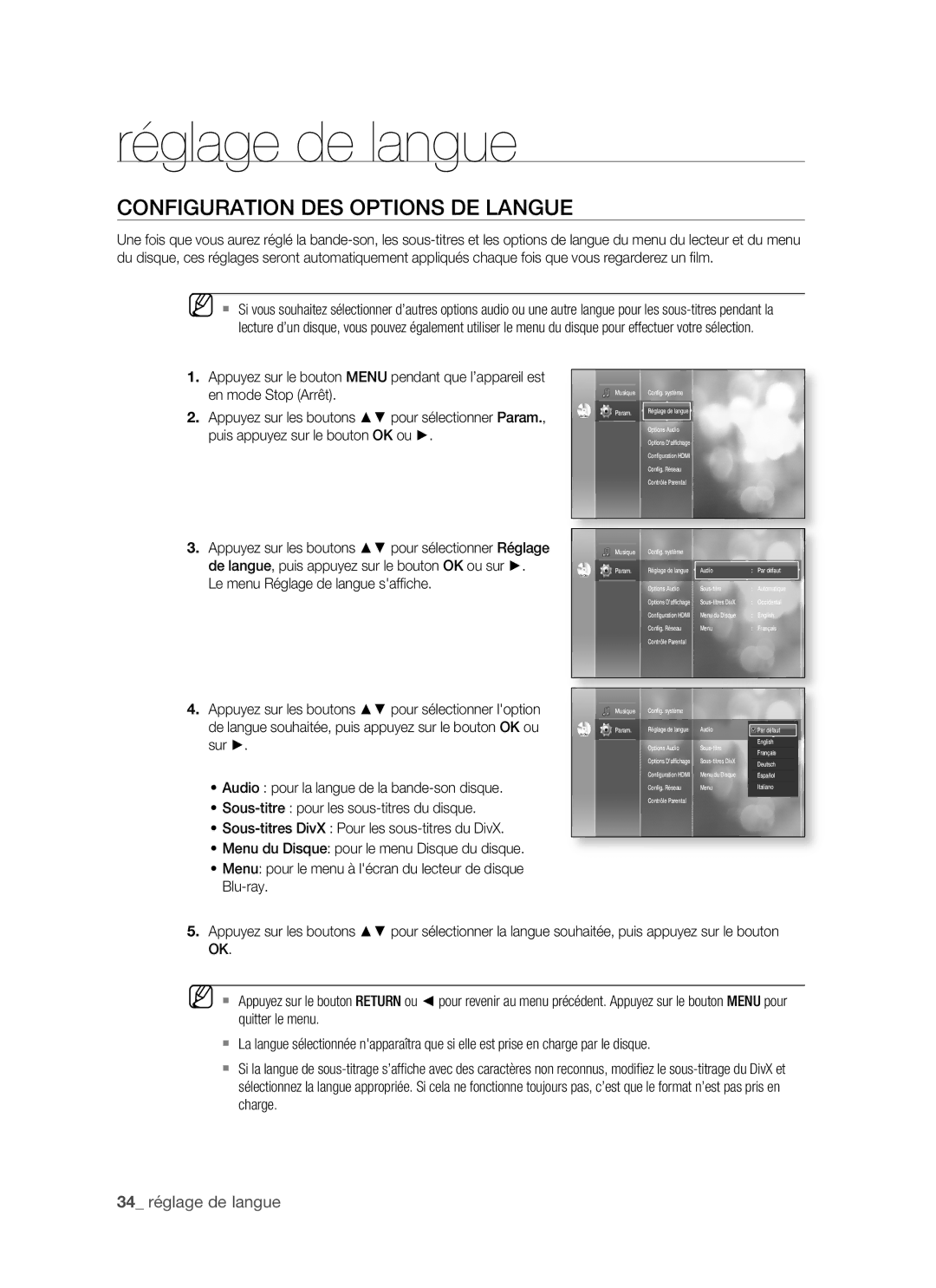 Samsung BD-P1500/EDC, BD-P1500/XEF manual Réglage de langue, Configuration DES Options DE Langue, 34 réglage de langue 