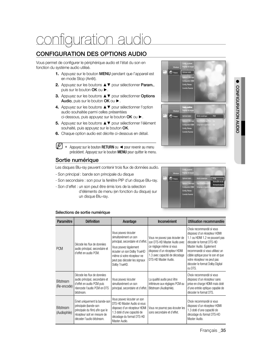 Samsung BD-P1500/XEF Conﬁ guration audio, Configuration DES Options Audio, Sortie numérique, Configuration Audio, Pcm 