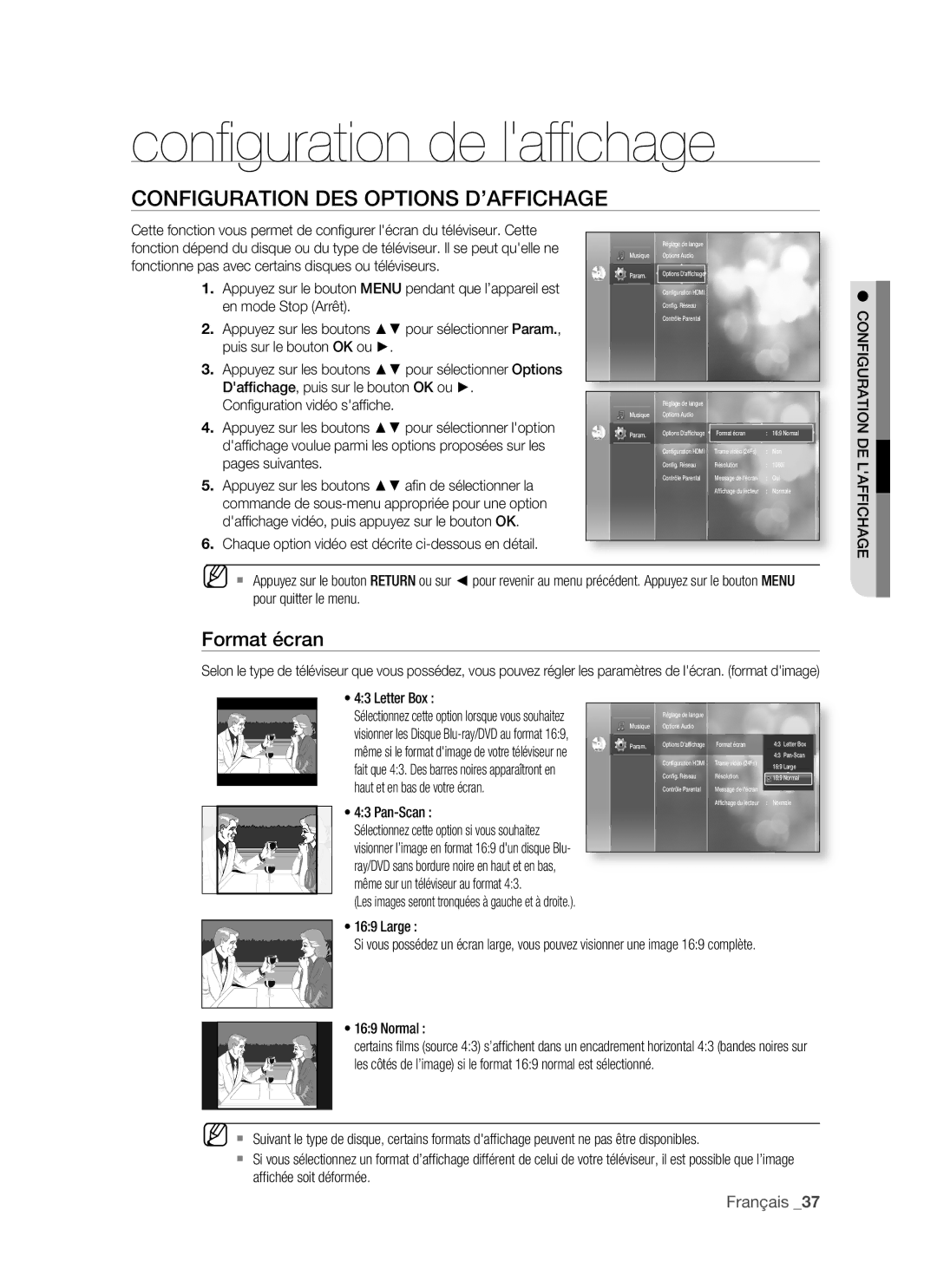 Samsung BD-P1500/XEF manual Conﬁ guration de lafﬁ chage, Configuration DES Options D’AFFICHAGE, Format écran, DE Laffichage 