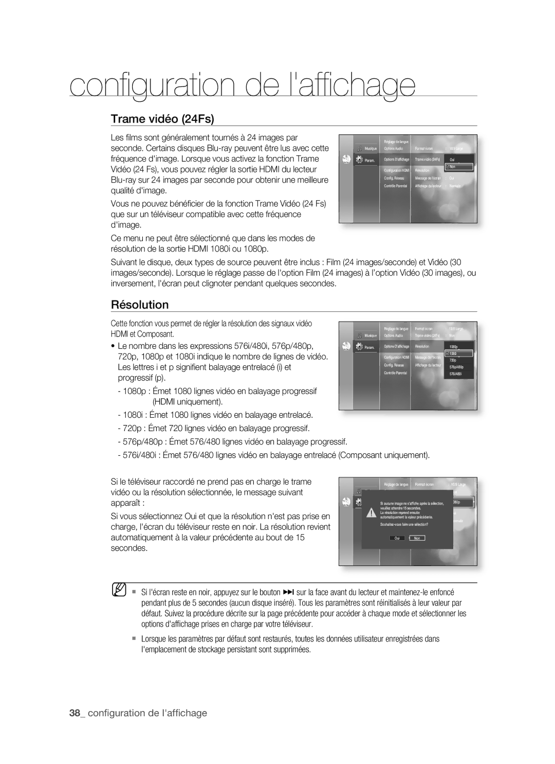 Samsung BD-P1500/EDC, BD-P1500/XEF manual Résolution, 38 conﬁguration de lafﬁchage 