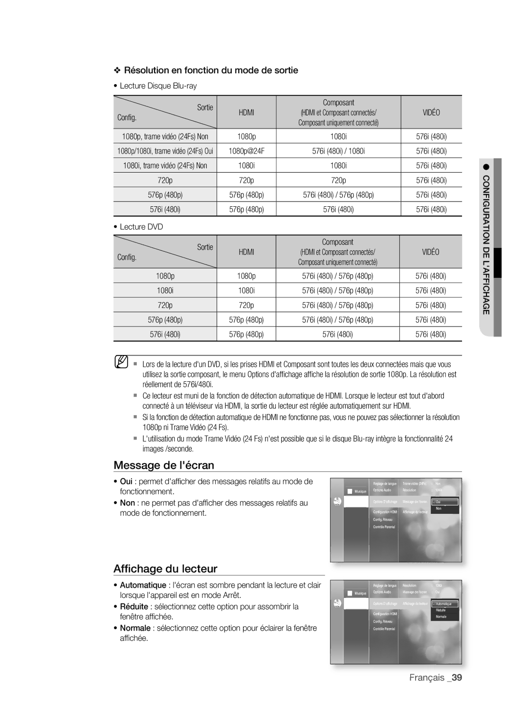 Samsung BD-P1500/XEF, BD-P1500/EDC manual Message de lécran, Afﬁchage du lecteur, Configuration DE Laffichage 