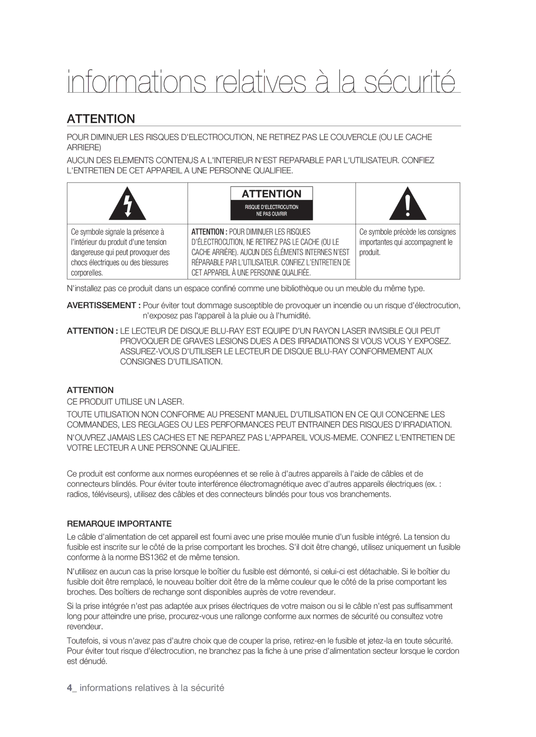 Samsung BD-P1500/EDC, BD-P1500/XEF manual Informations relatives à la sécurité, Corporelles, CE Produit Utilise UN Laser 