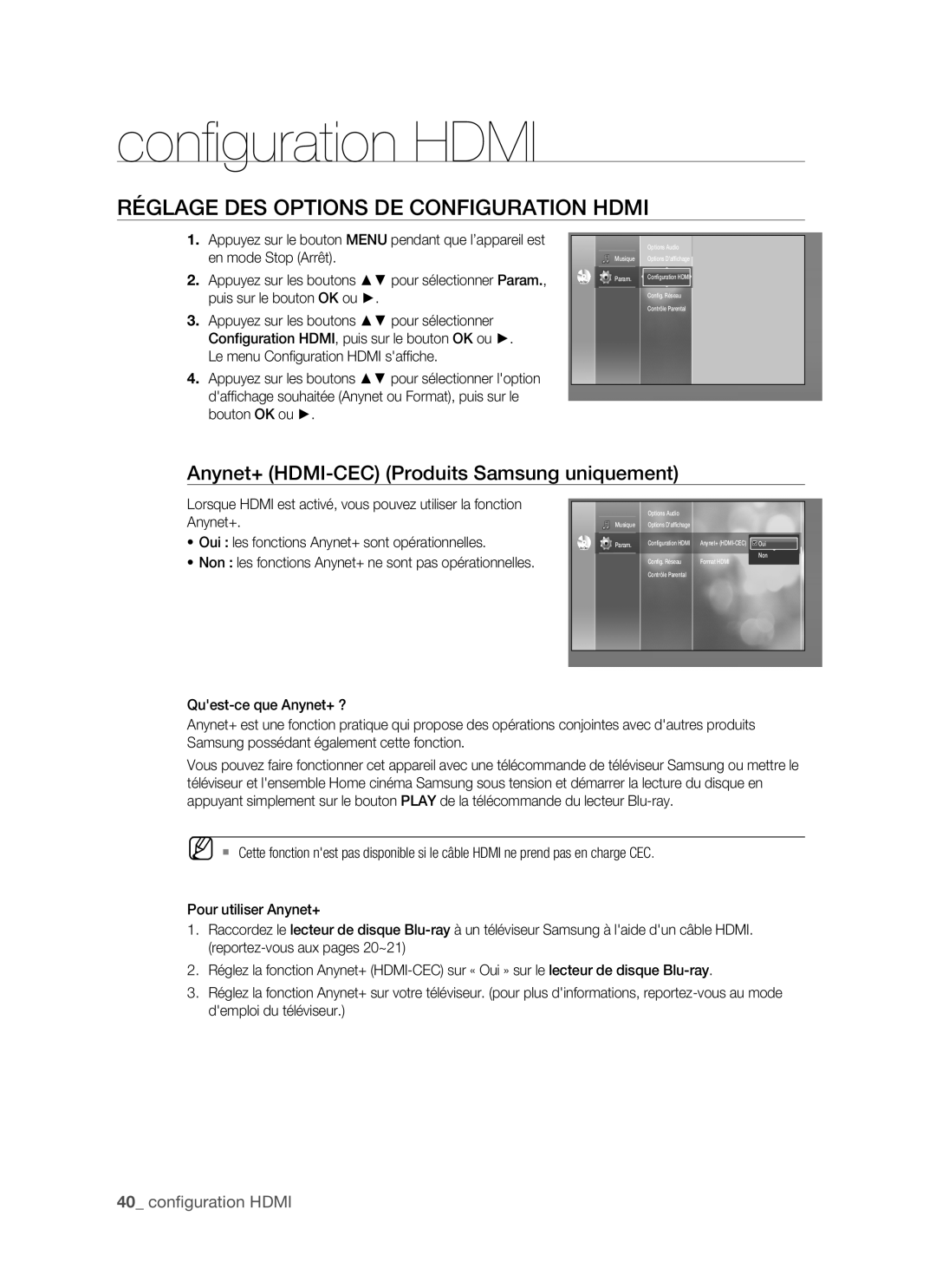 Samsung BD-P1500/EDC, BD-P1500/XEF Conﬁ guration Hdmi, Réglage DES Options DE Configuration Hdmi, 40 conﬁguration Hdmi 