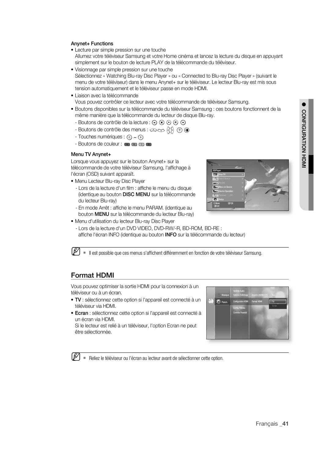 Samsung BD-P1500/XEF, BD-P1500/EDC manual Format Hdmi, Configuration Hdmi, Téléviseur ou à un écran, Téléviseur via Hdmi 