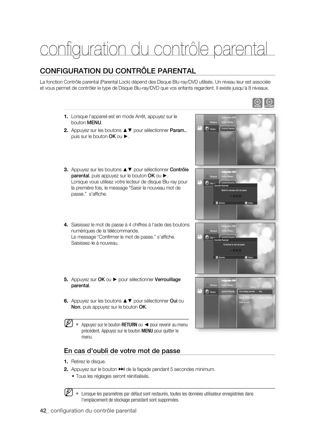 Samsung BD-P1500/EDC, BD-P1500/XEF manual Configuration DU Contrôle Parental, En cas doubli de votre mot de passe 