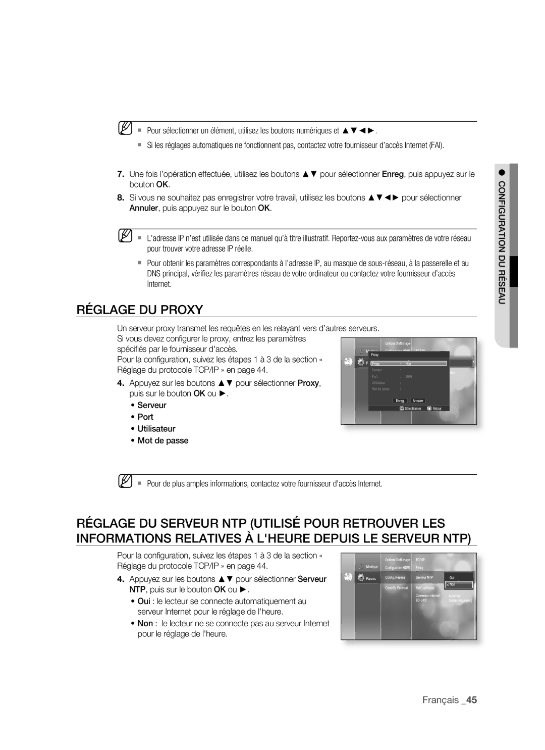 Samsung BD-P1500/XEF, BD-P1500/EDC manual Réglage DU Proxy, Configuration DU Réseau 