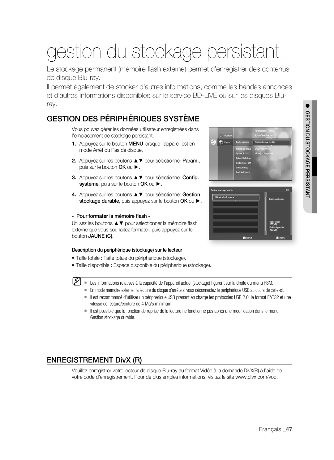 Samsung BD-P1500/XEF, BD-P1500/EDC manual Gestion DES Périphériques Système, ’emplacement de stockage persistant 