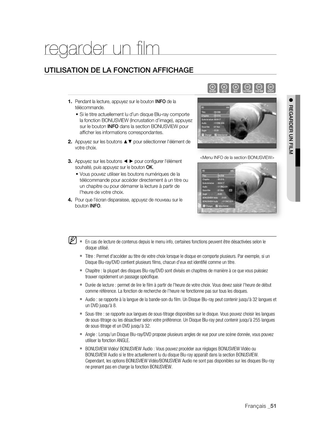 Samsung BD-P1500/XEF, BD-P1500/EDC manual Regarder un ﬁ lm, Utilisation DE LA Fonction Affichage, Regarder UN Film 