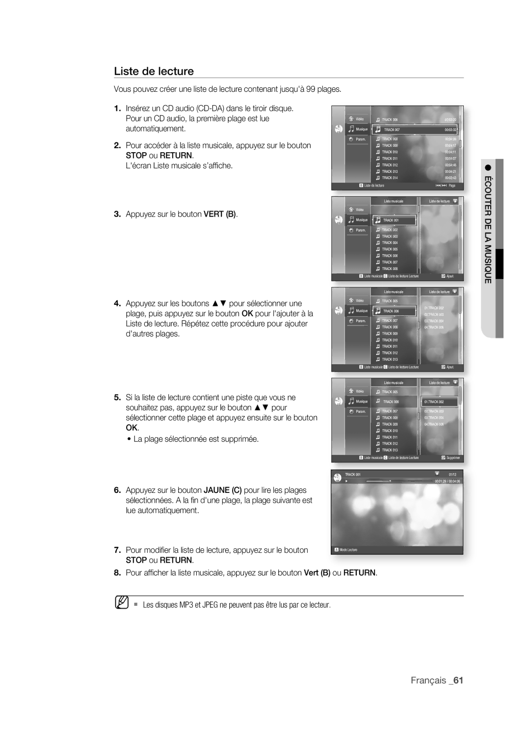 Samsung BD-P1500/XEF, BD-P1500/EDC manual Liste de lecture, Écouter DE LA Musique 