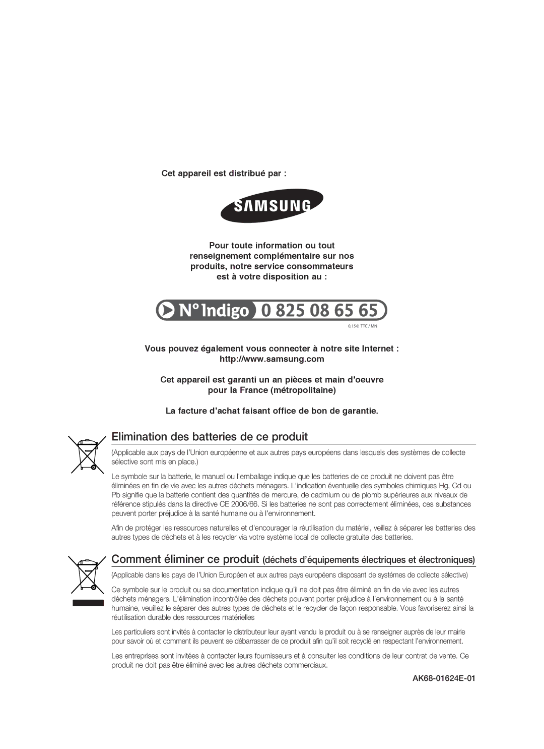 Samsung BD-P1500/EDC, BD-P1500/XEF manual Elimination des batteries de ce produit 