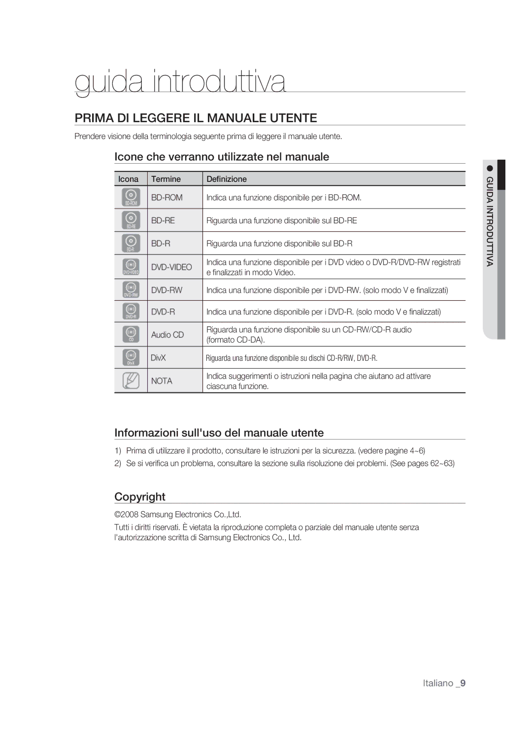 Samsung BD-P1500/XEF Guida introduttiva, Prima DI Leggere IL Manuale Utente, Icone che verranno utilizzate nel manuale 