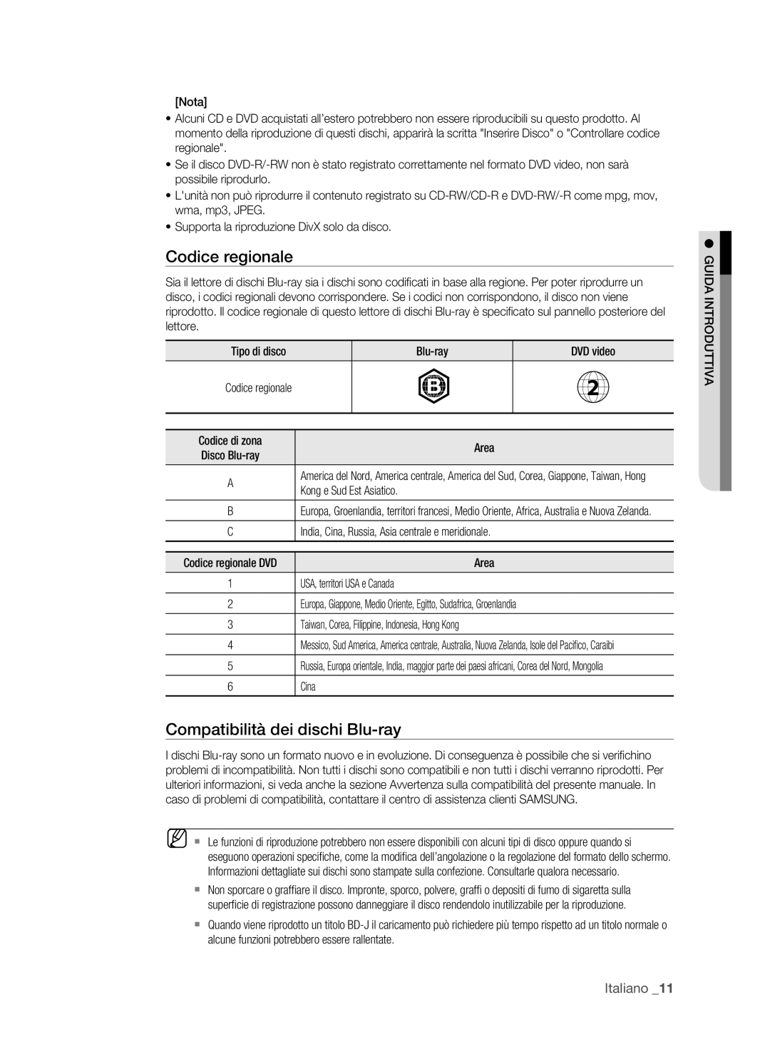 Samsung BD-P1500/XEF, BD-P1500/EDC manual Codice regionale, Compatibilità dei dischi Blu-ray 