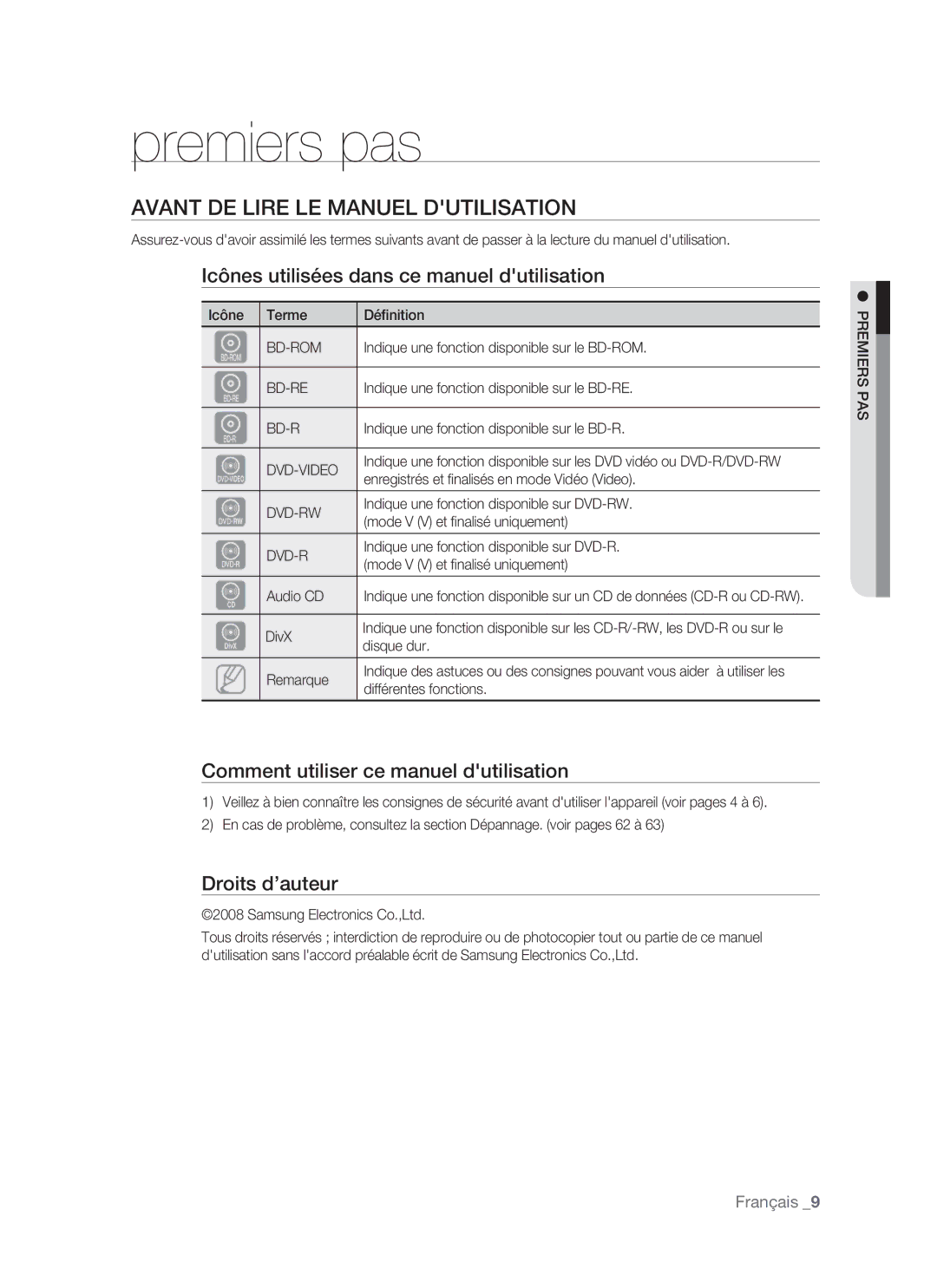 Samsung BD-P1500/XEF Premiers pas, Avant DE Lire LE Manuel Dutilisation, Icônes utilisées dans ce manuel dutilisation 